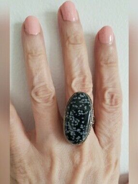 Snowflake Obsidian & Silver Handmade Ring W/ Large Polished Stone, Antique Style